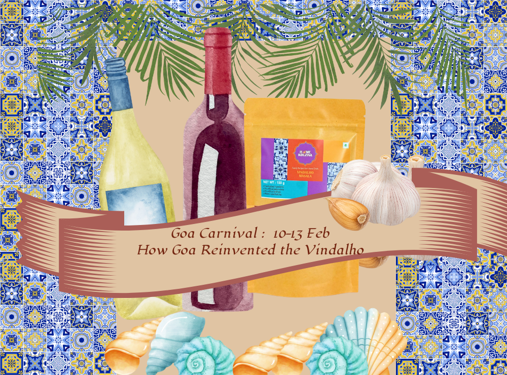 Vindalho ingredients in a picture with portugese tile work, seashells & palm leaves