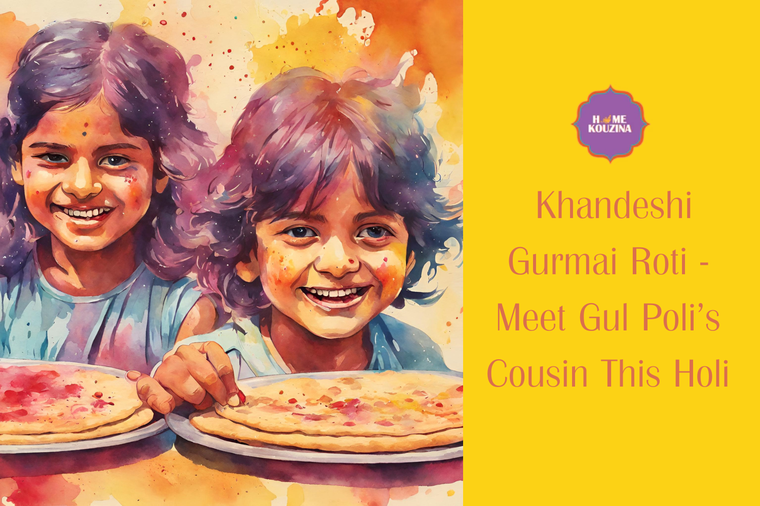 two children drenched in Holi colours reach out for a puran poli and a gurmai roti