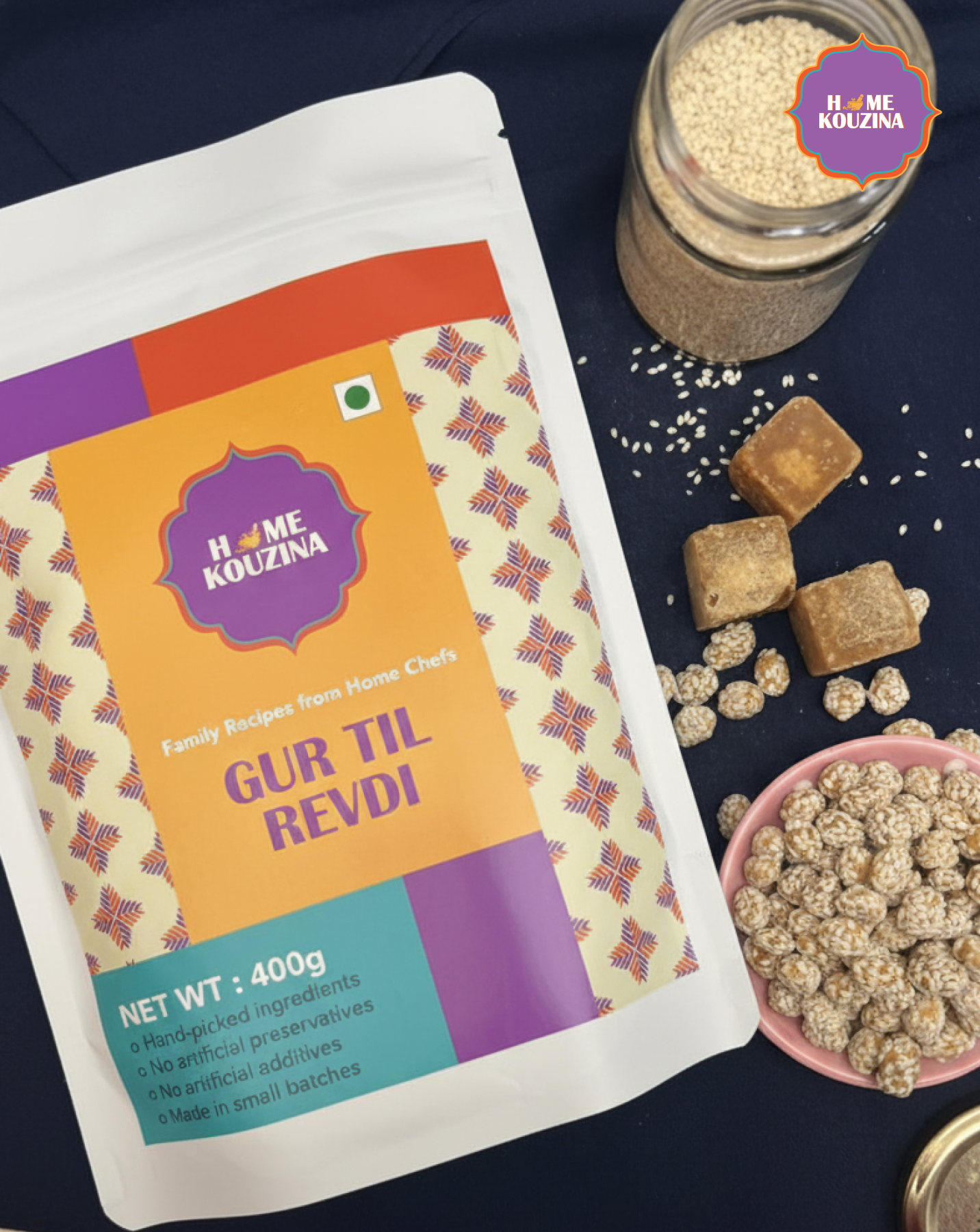 Packaged food product with 'Home Kuzina' branding on a dark surface.