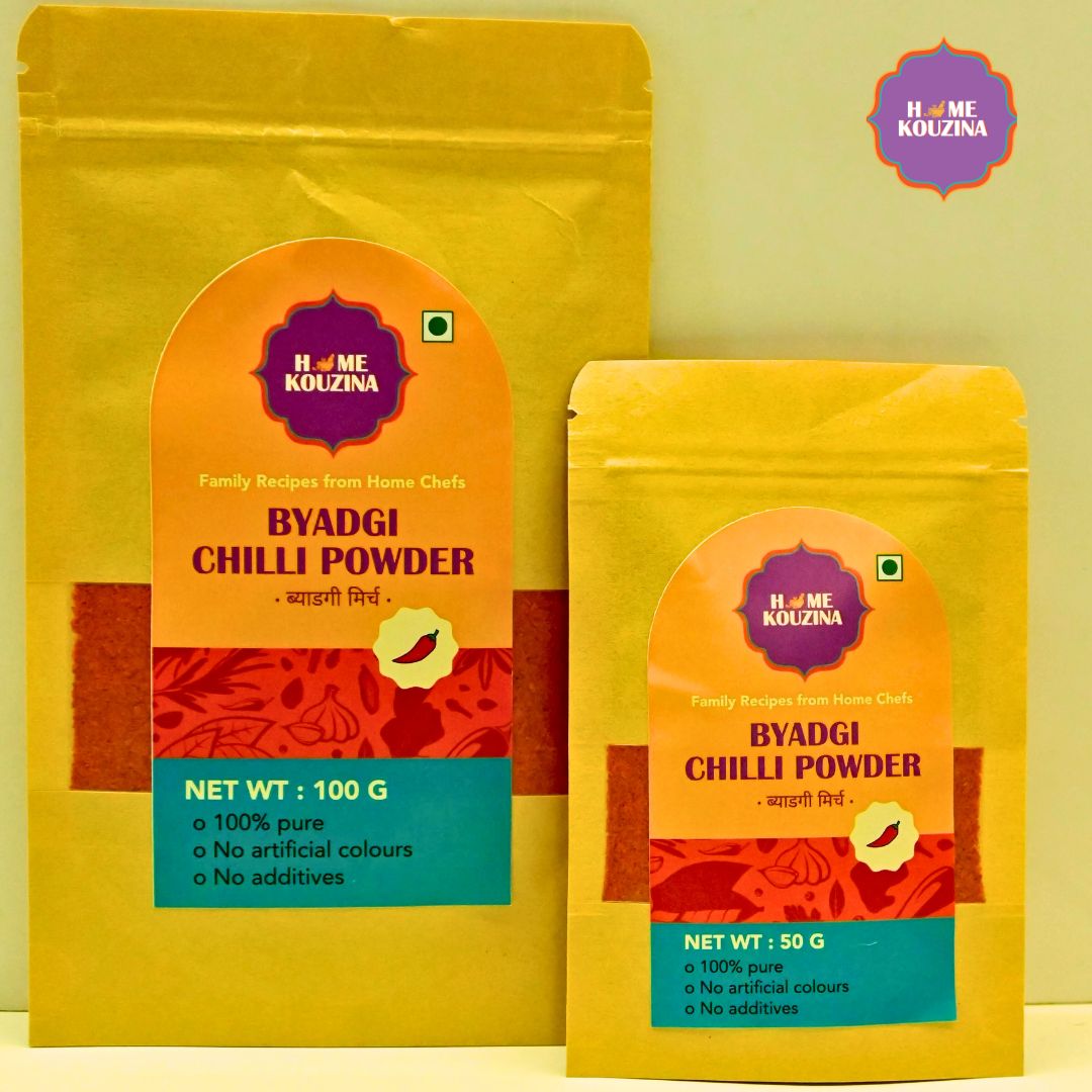 Front view of Home Kouzina Byadgi Chilli Powder 100g and 50g pack on white background – small-batch, natural Indian chillies