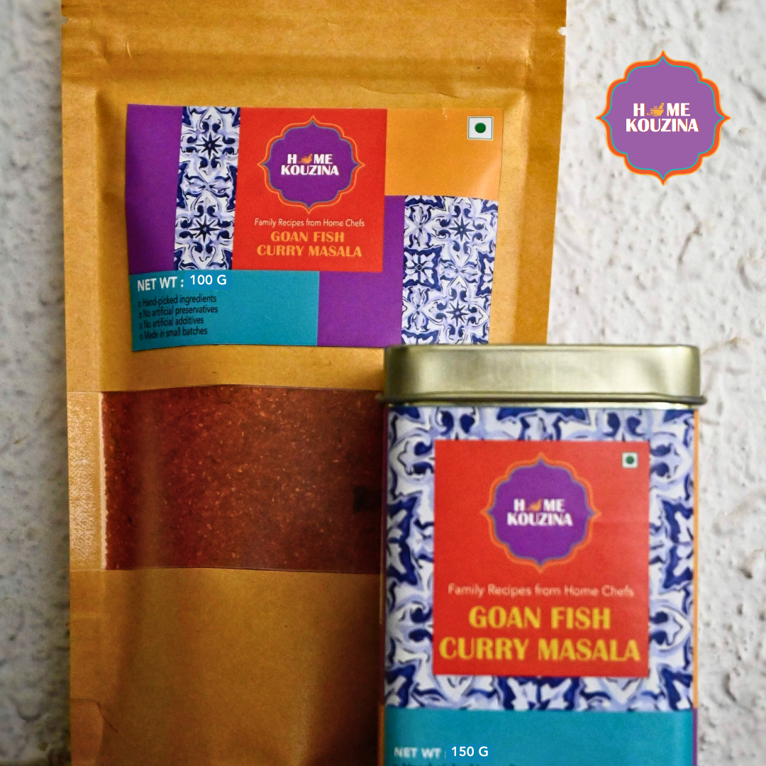 Front view of both 100g and 150g Goan Fish Curry Masala packs on a clean white background, highlighting their premium design