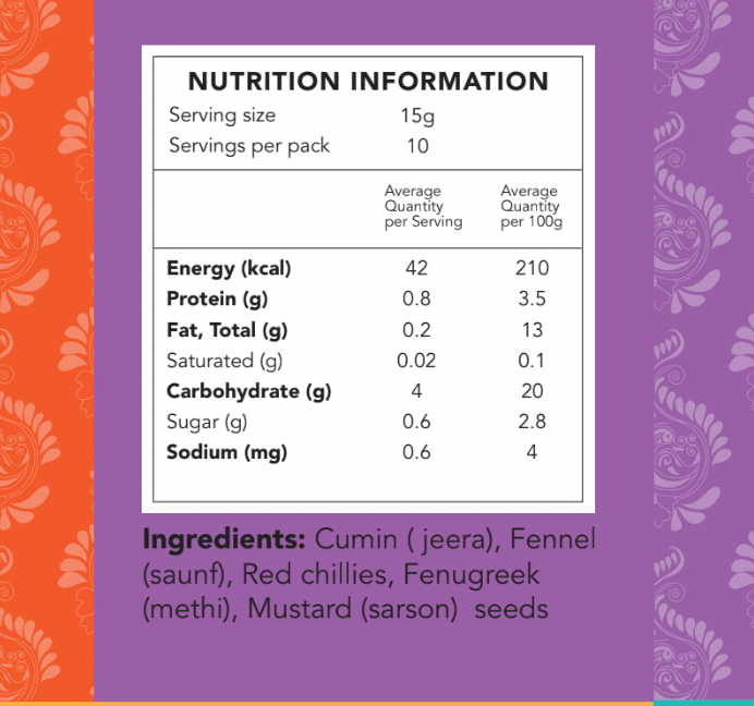 Home Kouzina Bhaja Moshla nutritional information image – all-natural, small-batch spice blend for authentic Indian chaat and snack seasoning