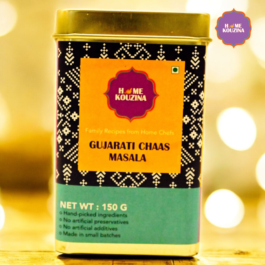 Home Kouzina Gujarati Chaas Masala 150g tin pack on festive background – preservative-free, small-batch masala for refreshing chaas