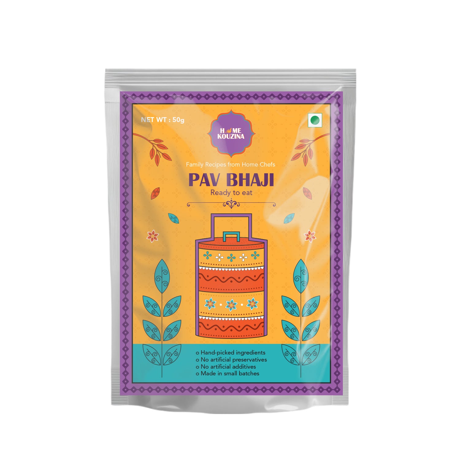 Front view of Home Kouzina Ready-to-Eat Pav Bhaji pack on white background – spicy, wholesome Indian street-style meal ready in minutes