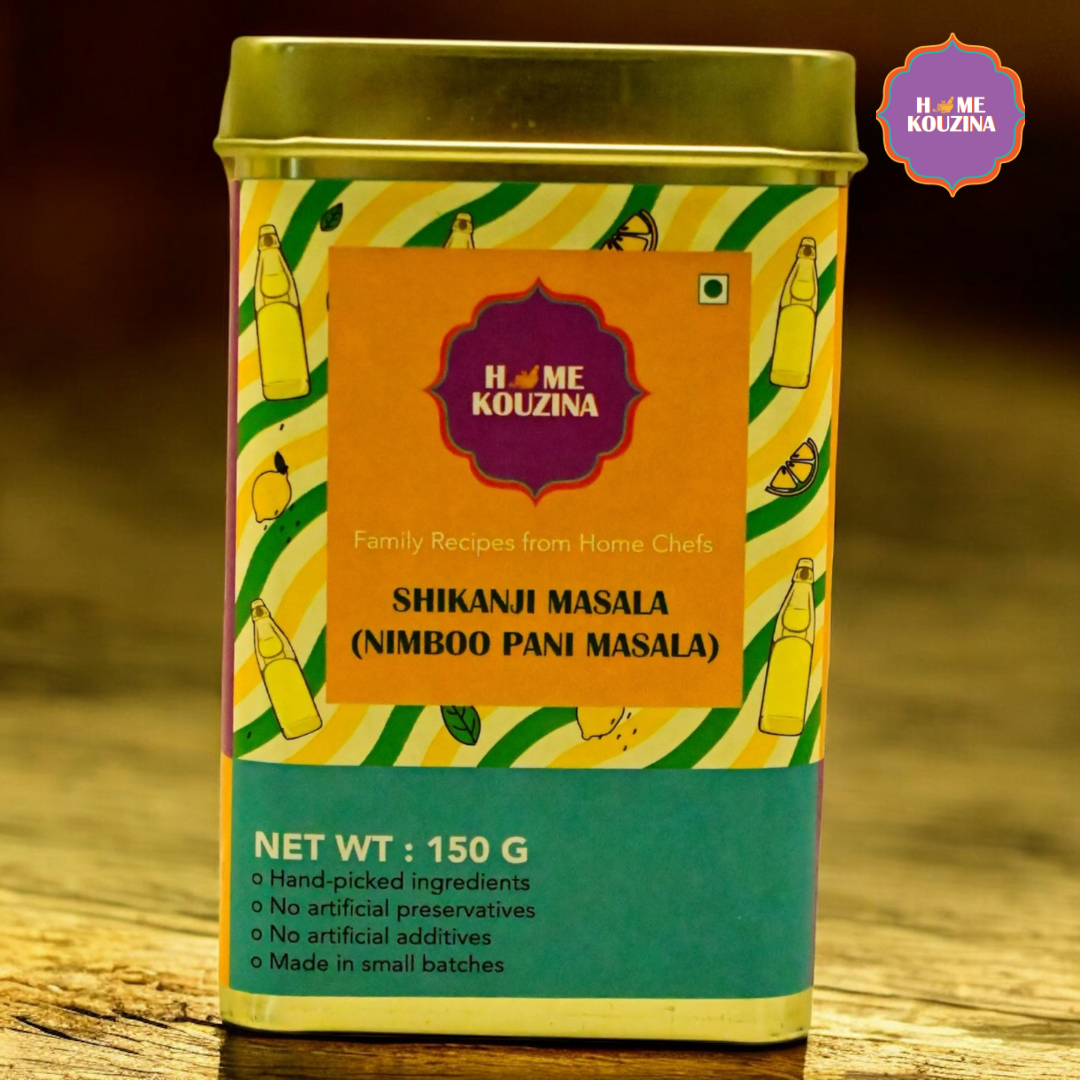 Front view of Home Kouzina Shikanji Masala 150g tin – preservative-free, all-natural Indian beverage masala