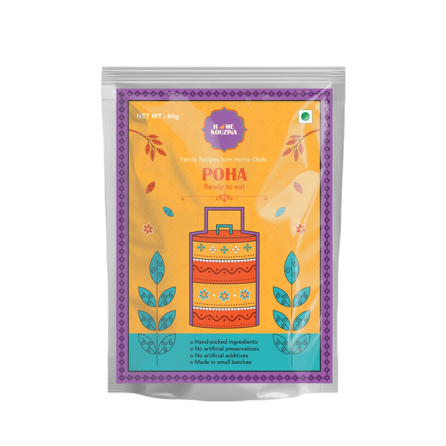 Front view of Home Kouzina Ready-to-Eat Poha pack on white background – wholesome Indian breakfast ready in minutes without preservatives