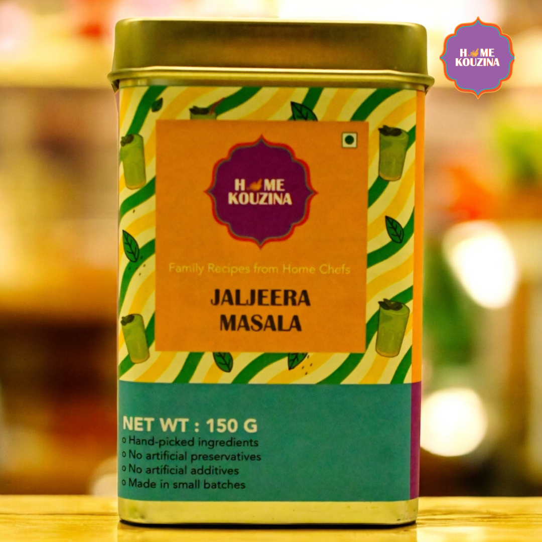 Front view of Home Kouzina Jaljeera Masala 150g tin – all-natural spice blend for refreshing Indian cooler