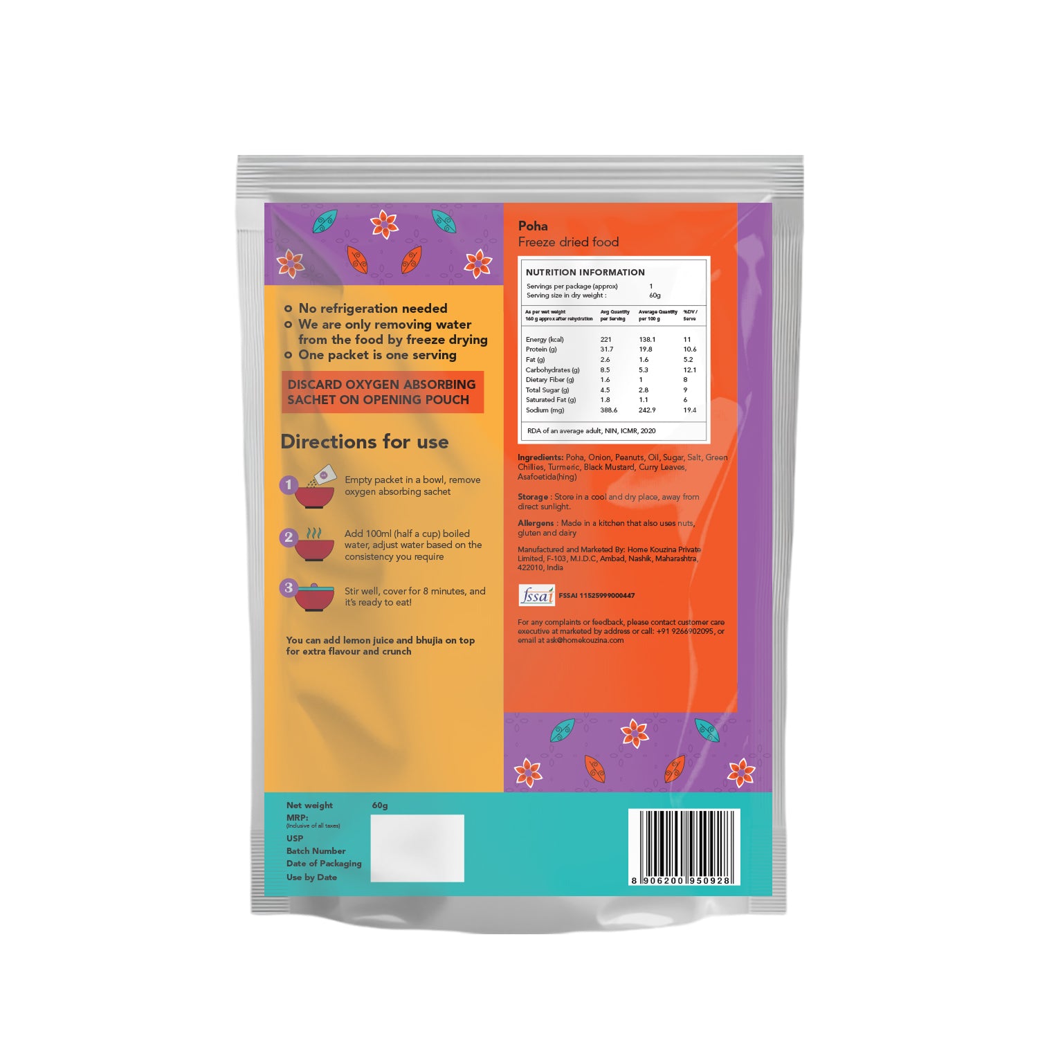 Back view of Home Kouzina Ready-to-Eat Poha pack on white background showing ingredients, nutrition, and preparation instructions
