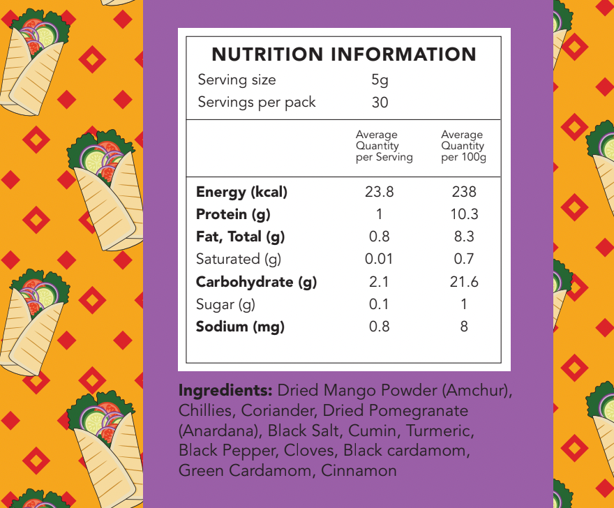 Home Kouzina Bombay Frankie Masala nutritional information image – 100% natural, preservative-free spice blend for authentic Mumbai frankies