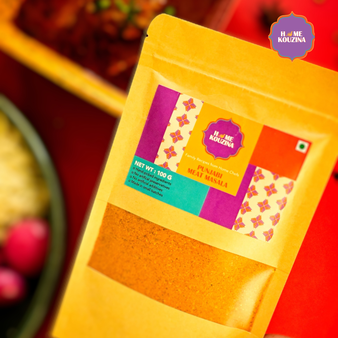 Close-up of Home Kouzina Punjabi Meat Masala 100g pouch – small-batch, preservative-free spice blend for flavorful meat curries