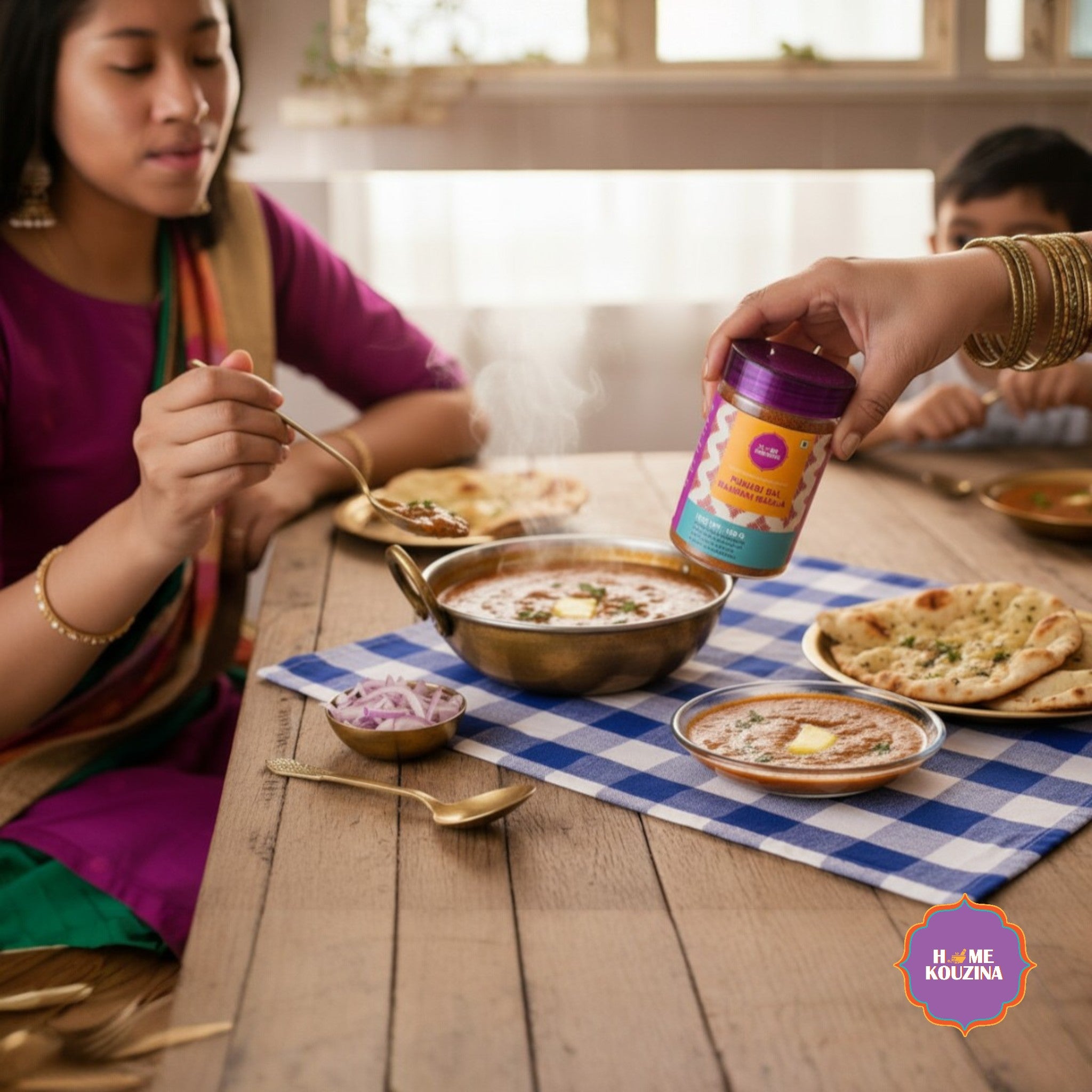 Person holding a jar of food at a dining table with a checkered tablecloth