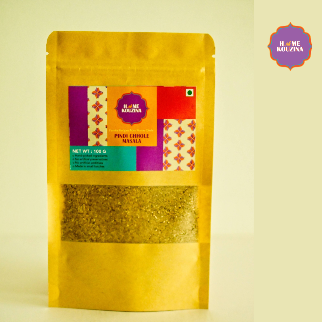 Front view of Home Kouzina Pindi Chhole Masala 100g pouch on white background – preservative-free, natural spice blend for authentic North Indian chhole