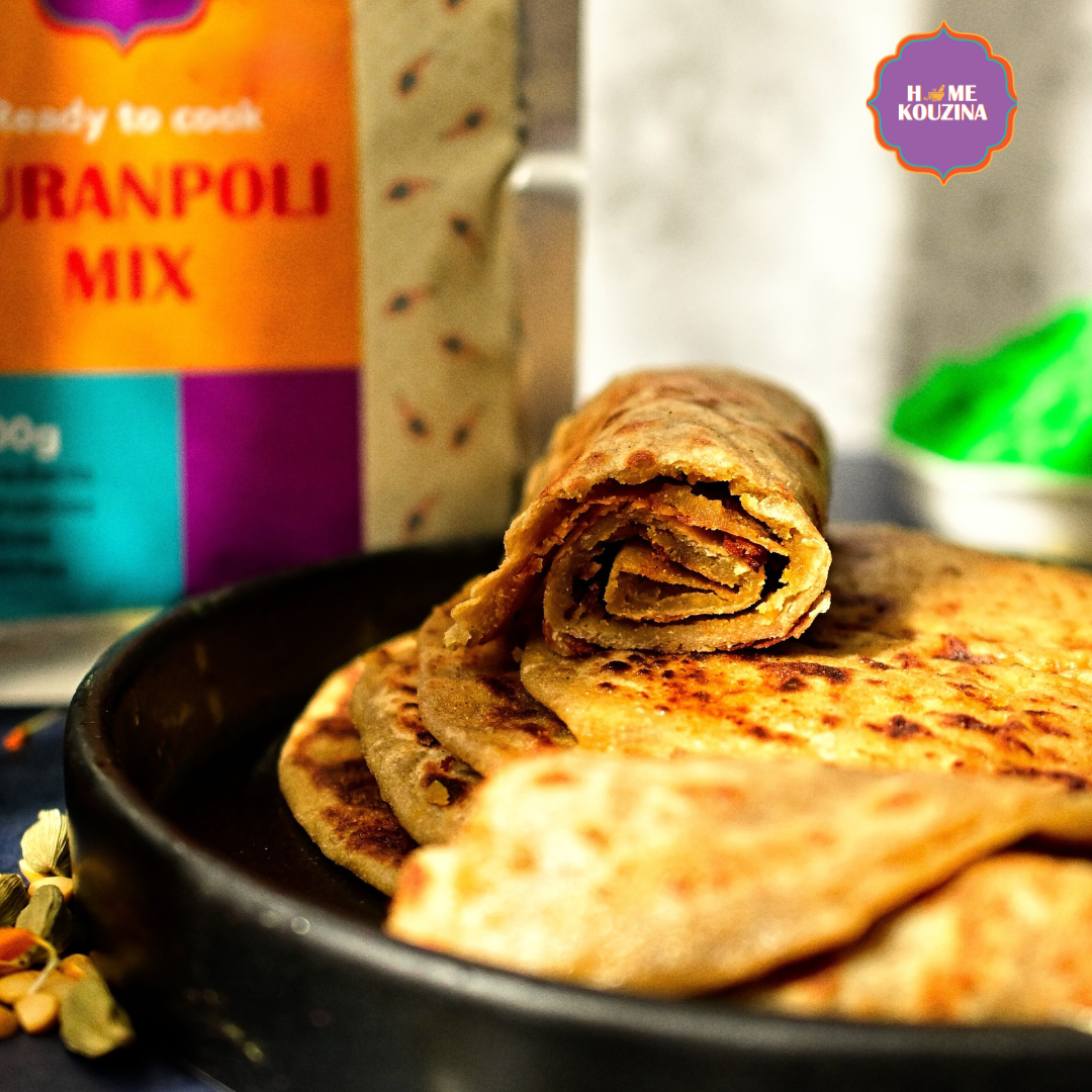 Front view of freshly rolled Home Kouzina Puran Poli on plate – soft, melt-in-your-mouth Indian sweet flatbread made from ready-to-cook pre-mix
