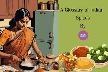 an Indian lady cooking in her kitchen with a spice box of Indian spices glittering in the kitchen