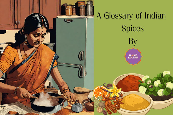 an Indian lady cooking in her kitchen with a spice box of Indian spices glittering in the kitchen