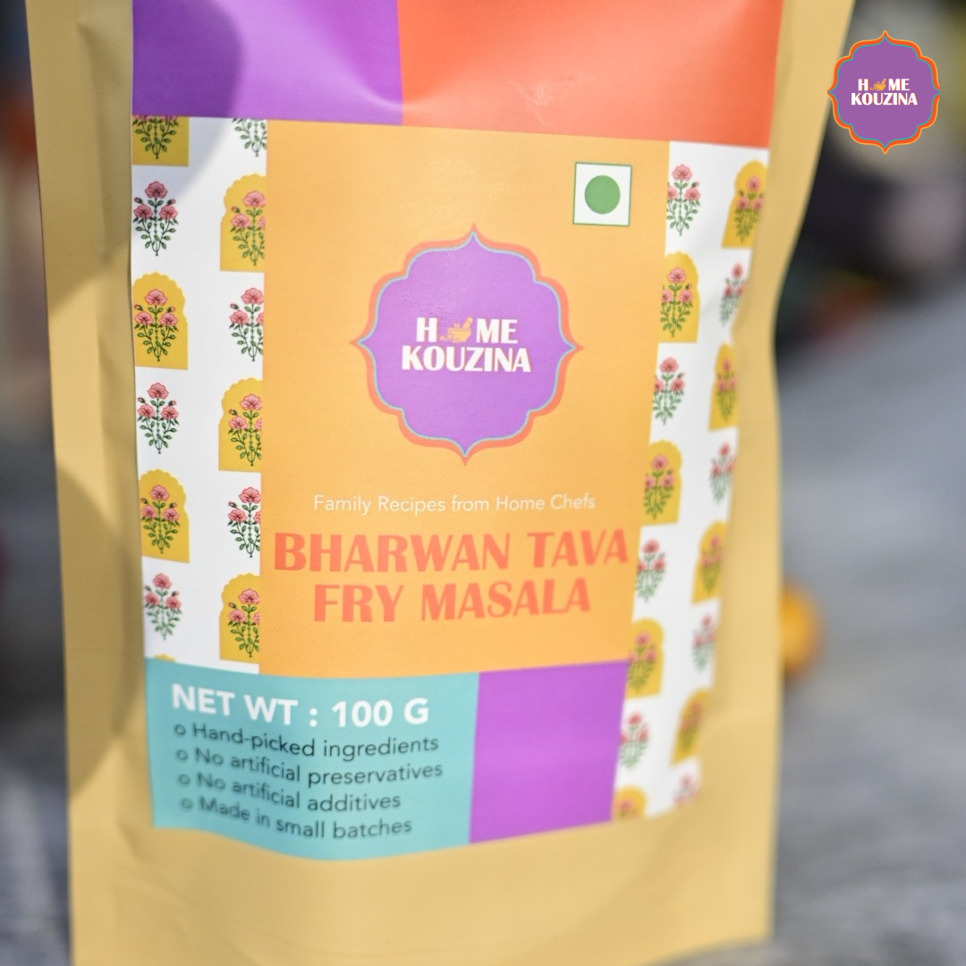 Pack of Bharwan Tava Fry Masala from Home Kouzina with colorful packaging.