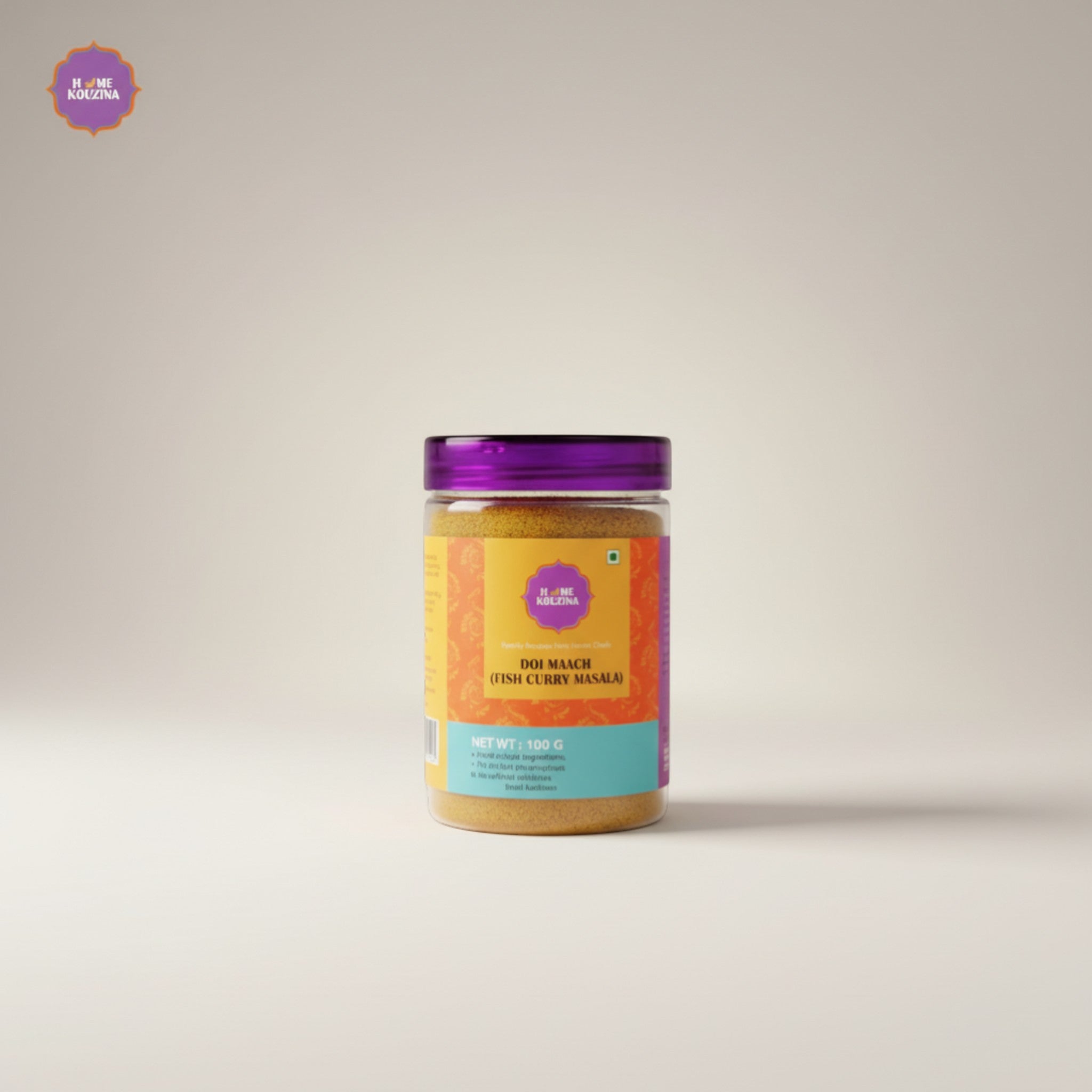 Jar of curry masala with a purple lid on a light gray background
