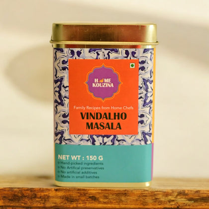 Front view of 150g Goan Vindalho Masala tin pack on a clean white background, emphasizing small-batch, preservative-free quality